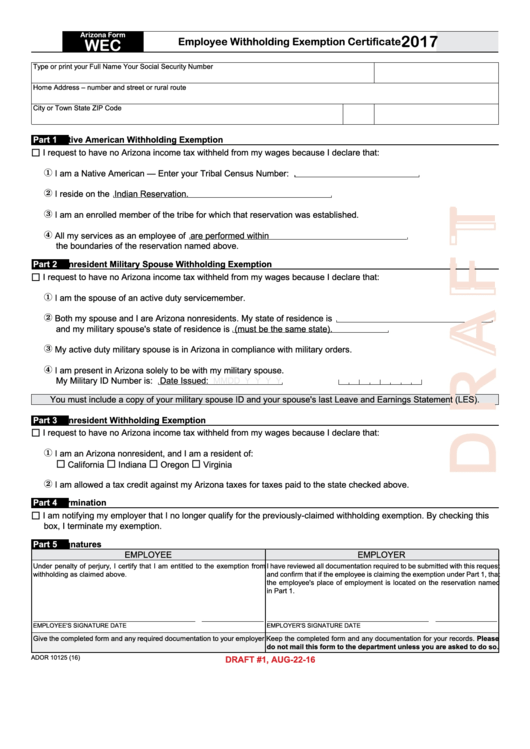 Form Wec Draft - Employee Withholding Exemption Certificate - 2017 Printable pdf