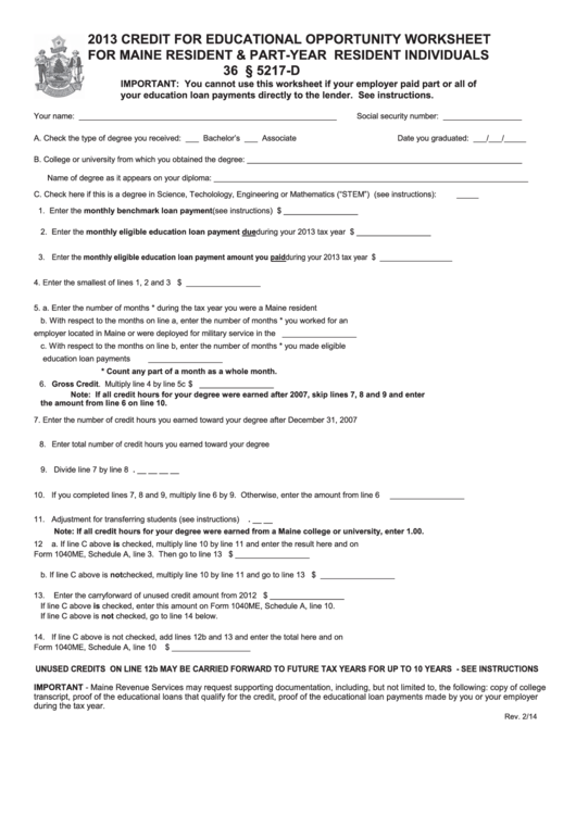 2013 Credit For Educational Opportunity Worksheet - Maine Revenue Services Printable pdf