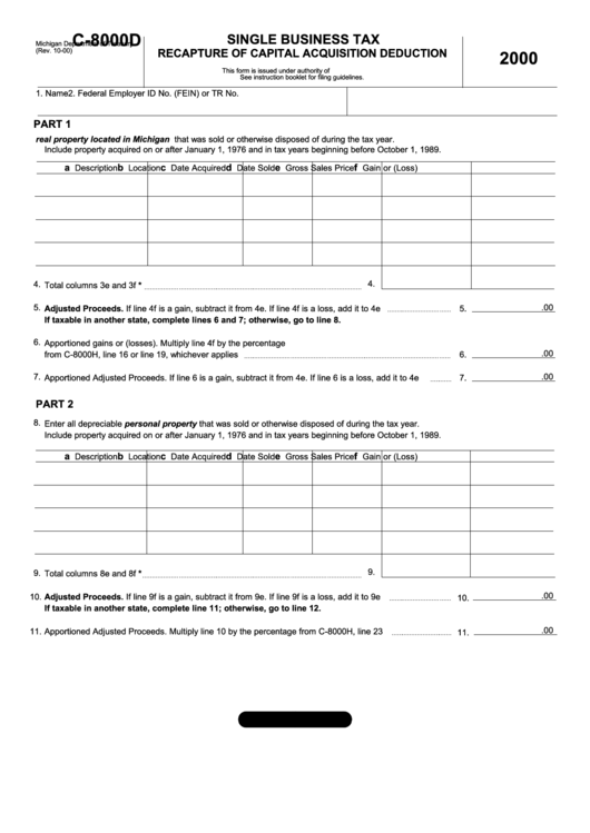 Form C-8000d - Single Business Tax Recapture Of Capital ...