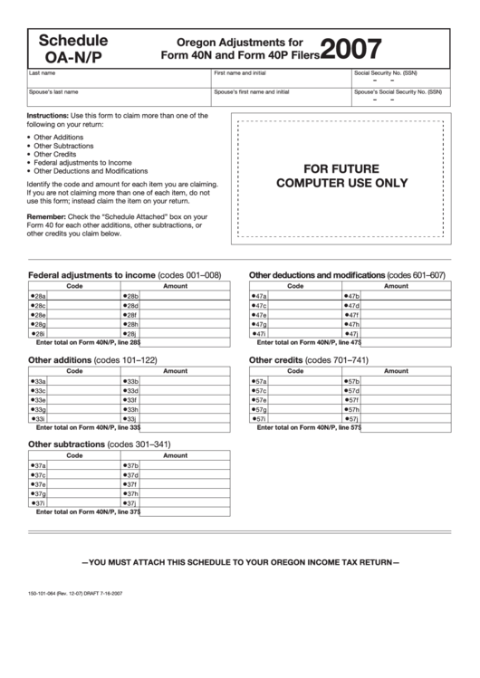 Schedule Oa-N/p Oregon Adjustments For Form 40n And Form 40 P Filers - 2007 Printable pdf
