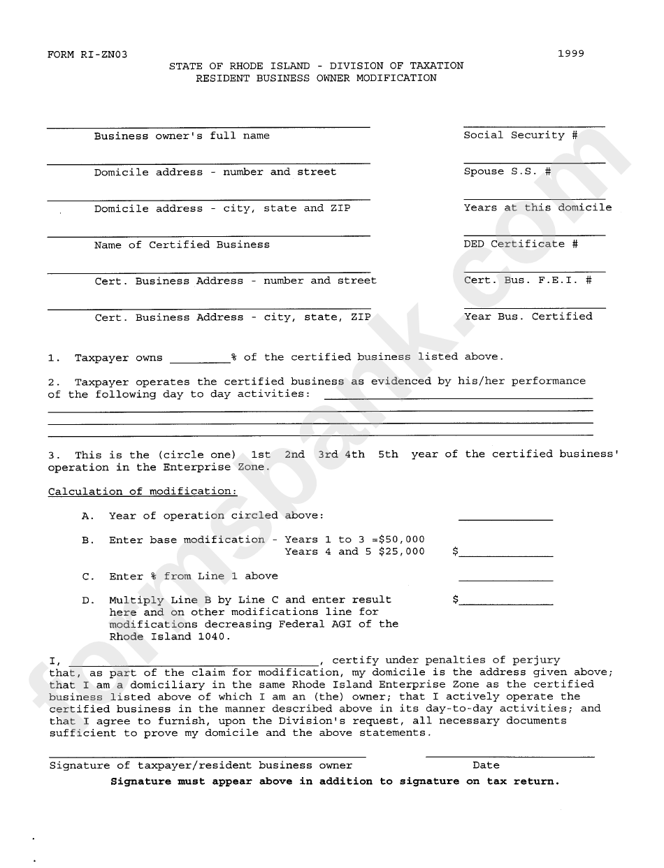 Form Ri-Zn03 - Resident Business Owner Modification - Rhode Island Division Of Taxation, 1999