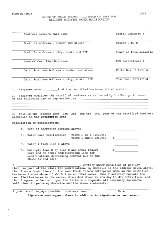 Form Ri-Zn03 - Resident Business Owner Modification - Rhode Island Division Of Taxation, 1999 Printable pdf