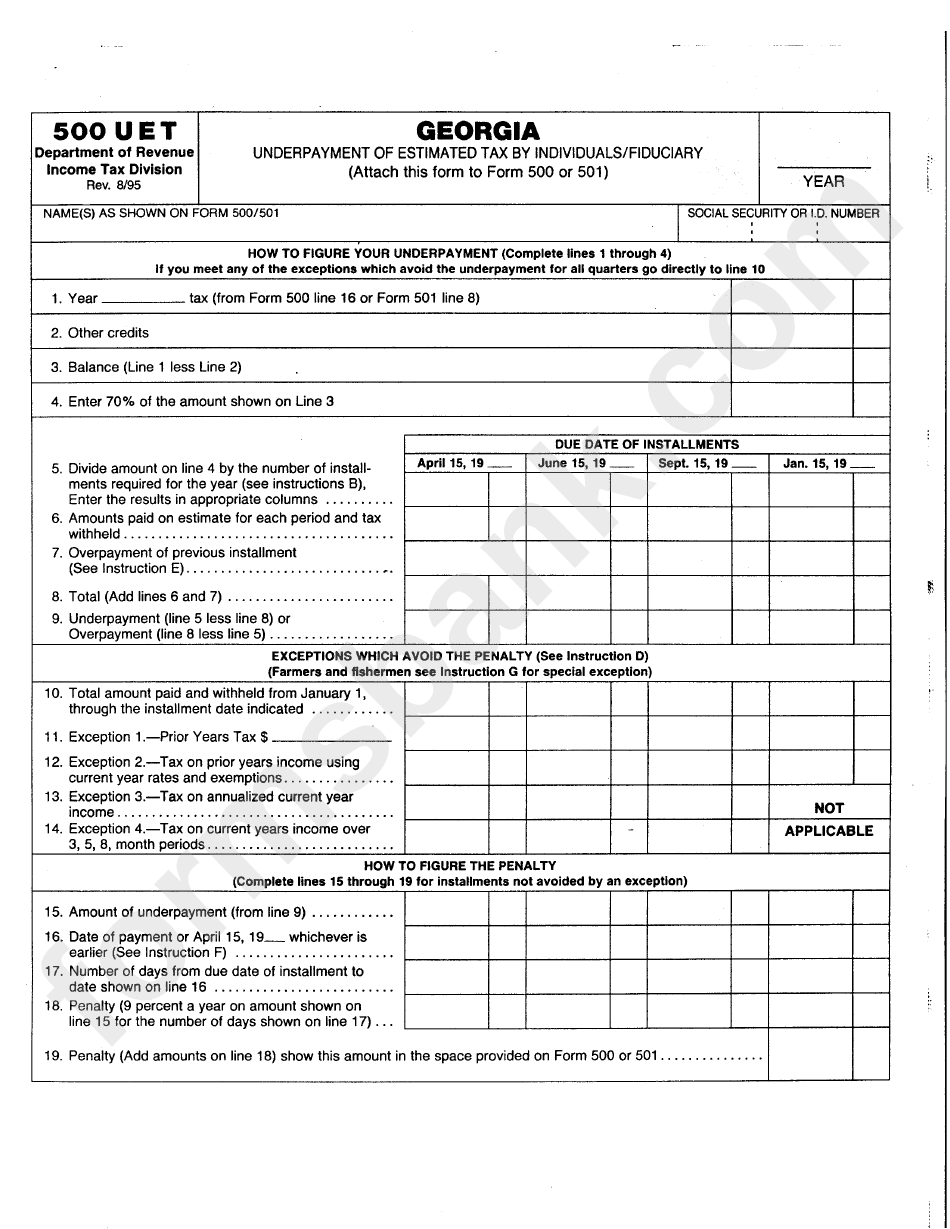 Form 500uet - Georgia Underpayment Of Estimated Tax By Individuals/fiduciary