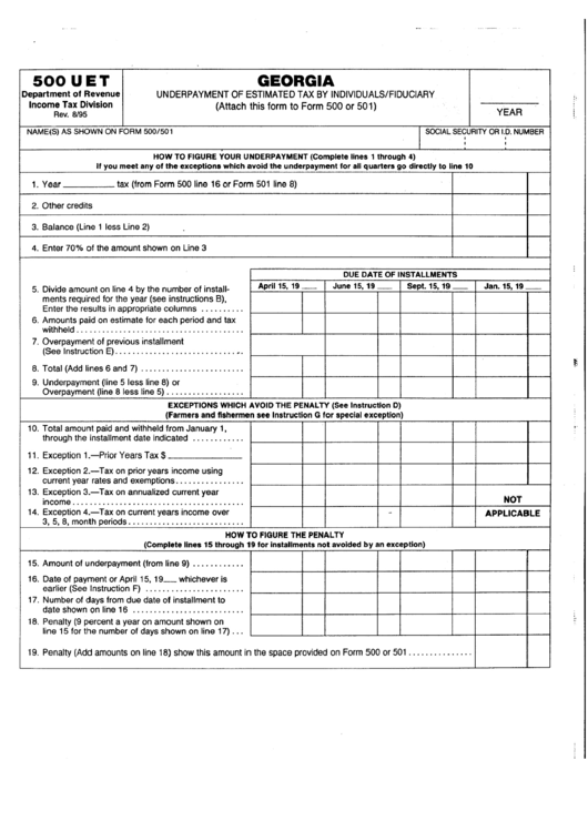 Fillable Form 500uet - Georgia Underpayment Of Estimated Tax By Individuals/fiduciary Printable pdf