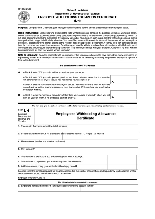 Fillable Form L 4 Employee S Withholding Allowance Certificate 