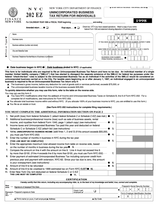 Fillable Form Nyc 202 Ez - Unincorporated Business Tax Return For Individuals - 1998 Printable pdf