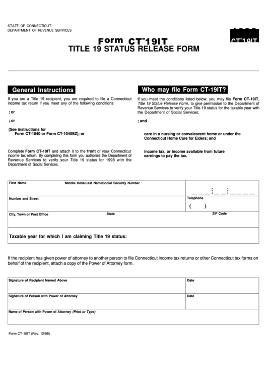 Fillable Form Ct-19it - Title 19 Status Release Form - State Of Connecticut - 1998 Printable pdf