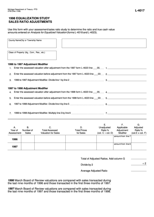 Fillable Form L-4017 - 1998 Equalization Study Sales Ratio Adjustments - Michigan Department Of Treaury Printable pdf