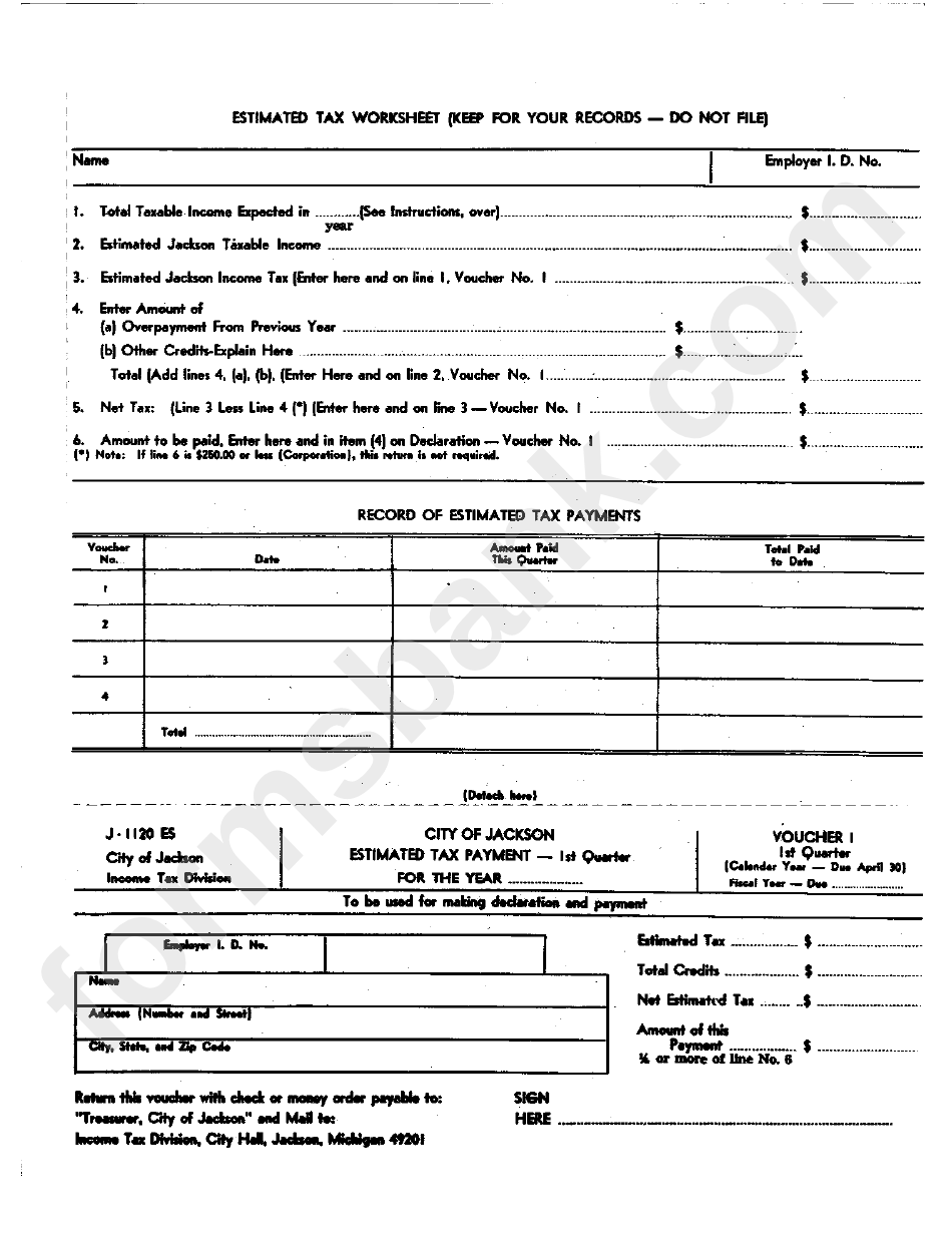 Form J-1120 Es - Estimated Tax Payment - City Of Jackson