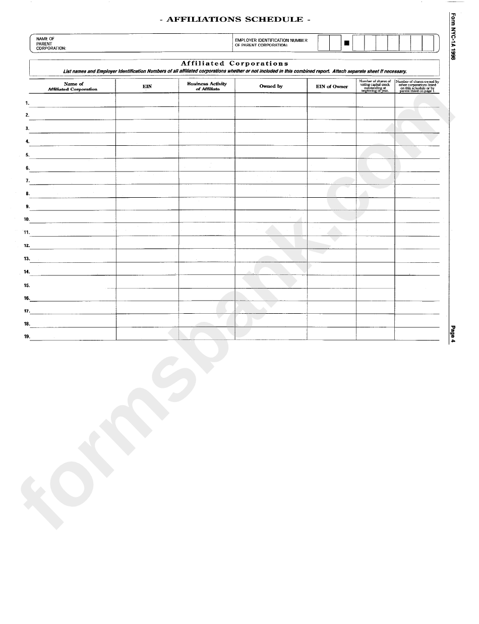 Form Nyc 1a - Combined Tax Return For Banking Corporaions - 1998