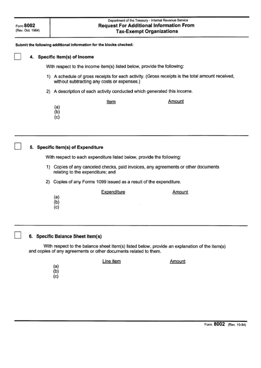 Form 8002 - Request For Additional Information From Tax-Exempt Organizations 1984 Printable pdf