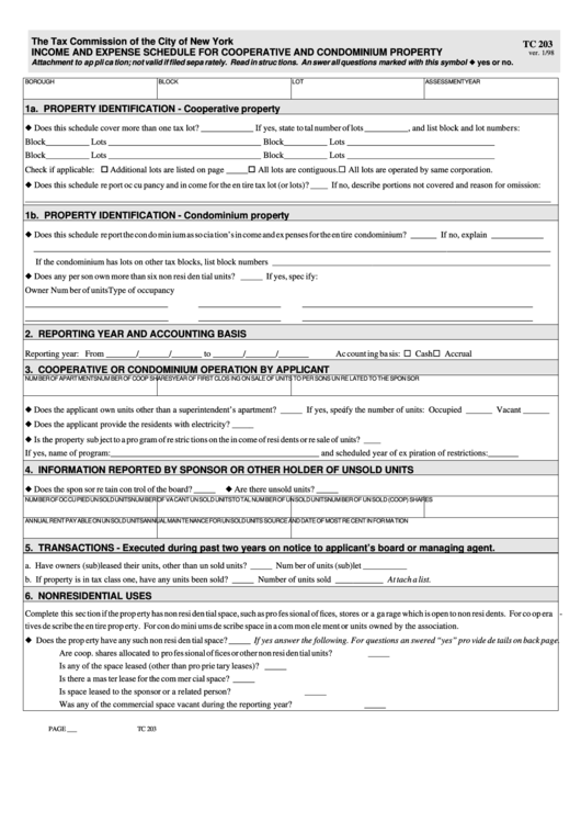 Fillable Form Tc 203 - Income And Expense Shedule For Cooperative And Condominium Property Printable pdf