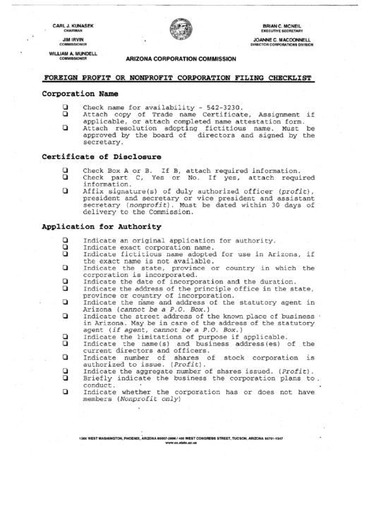 Foreign Profit Or Nonprofit Corporation Filing Checklist - Arizona Corporation Commission Printable pdf