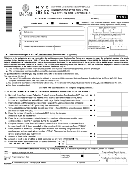 Form Nyc 202 Ez - Unincorporated Business Tax Return For Individuals - 1999 Printable pdf