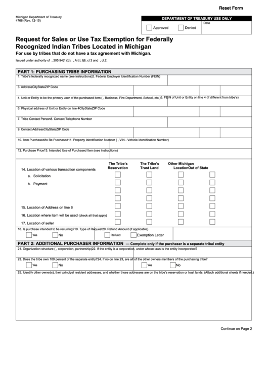 Fillable Form 4766 - Request For Sales Or Use Tax Exemption For Federally Recognized Indian Tribes Located In Michigan - 2015 Printable pdf