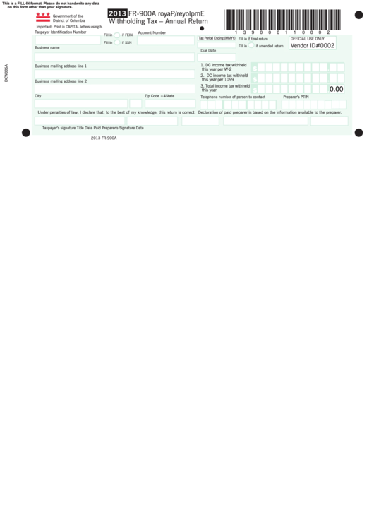 Form Fr-900a - Employer/payor Withholding Tax - Annual Return