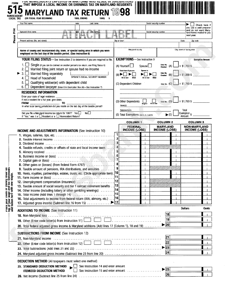 Form 515 - Maryland Tax Return - 1998