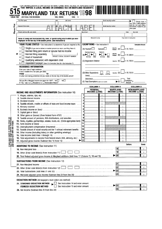 Fillable Form 515 - Maryland Tax Return - 1998 Printable pdf