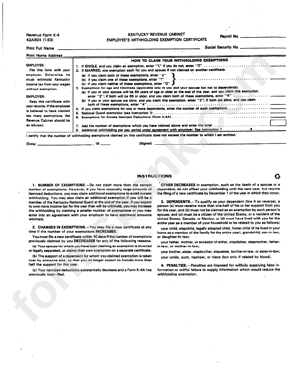 Fillable Form K 4 Employee #39 S Withholding Exemption Certificate
