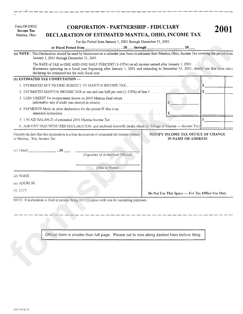 Form Di-2001c - Declaration Of Estimated Mantua, Ohio, Income Tax - 2001