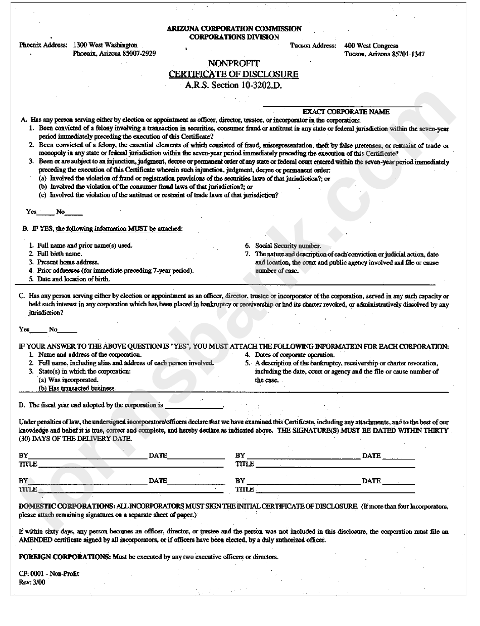 Form Cf: 0001 - Nonprofit Certificate Disclosure