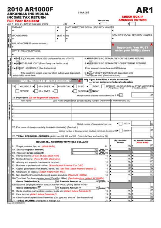 Form Ar1000f Arkansas Individual Income Tax Return 2010 Printable Pdf Download 1953