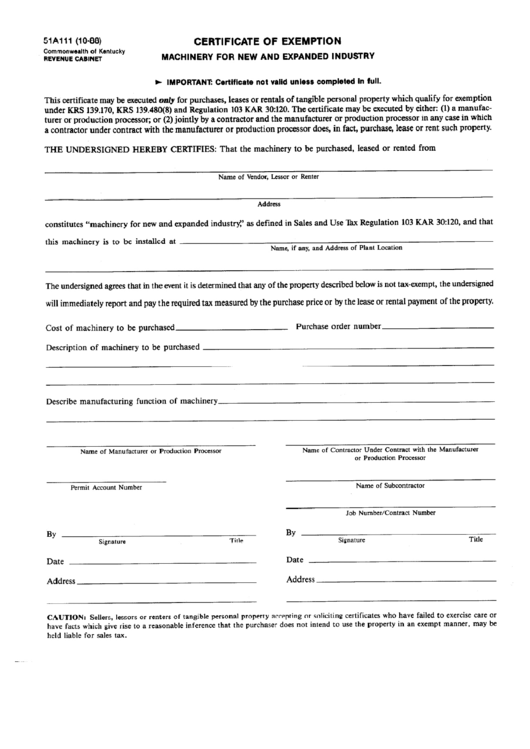 Fillable Form 51a111 - Certificate Of Exemption Machinery For New Expaned Industry Printable pdf