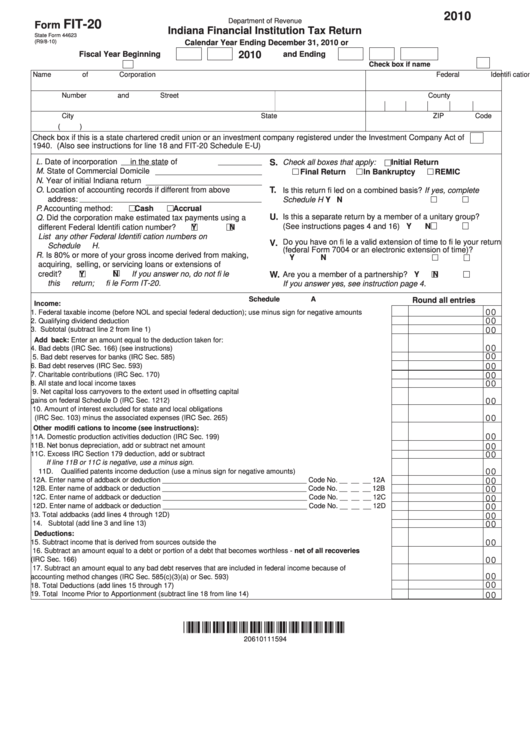 Form Fit-20 - Indiana Financial Institution Tax Return - 2010 Printable pdf