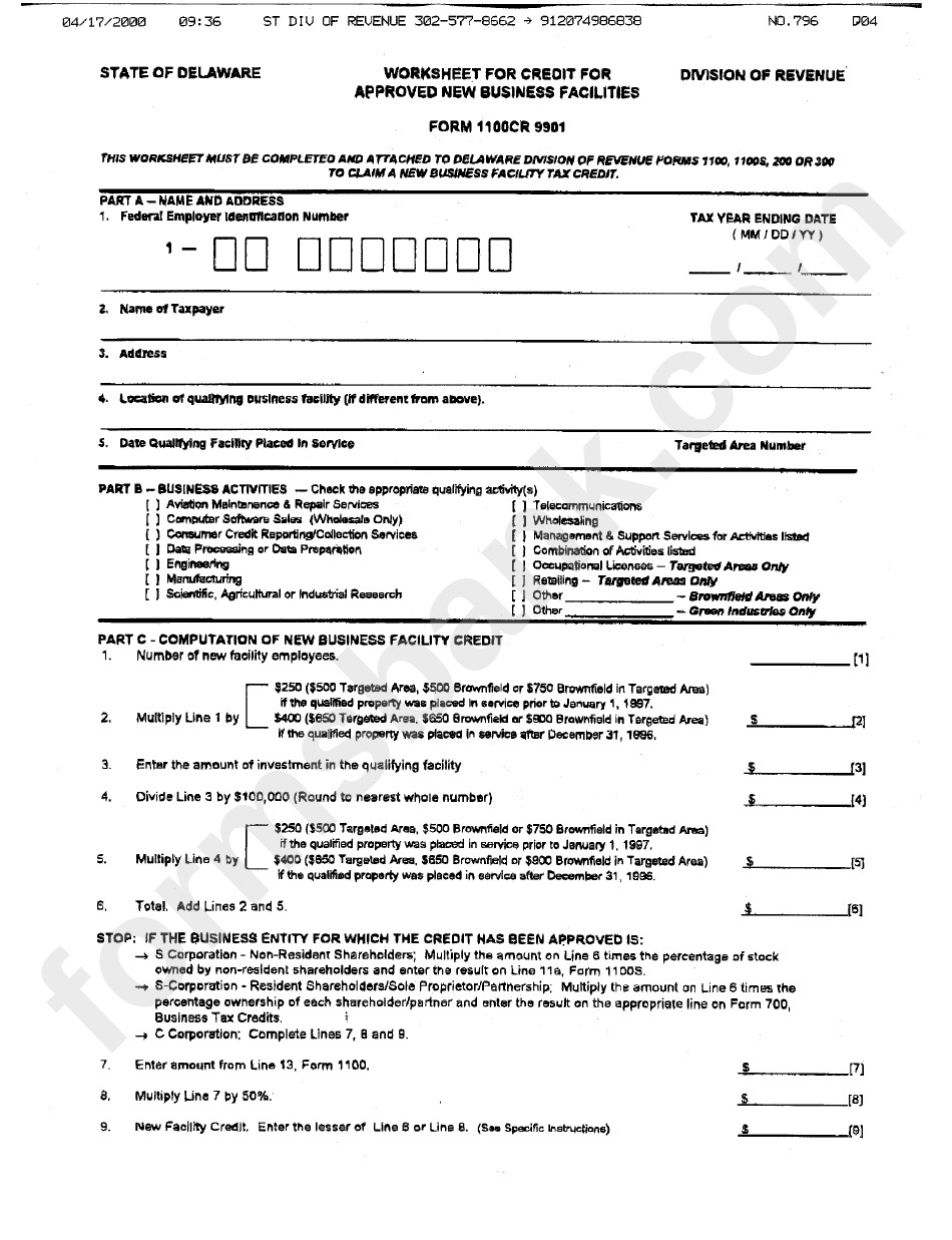 Form 1100cr 9901 - Worksheet For Credit For Approved New Business Facilities