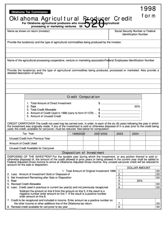 Fillable Form 520 - Oklahoma Agricultural Producer Credit Printable pdf