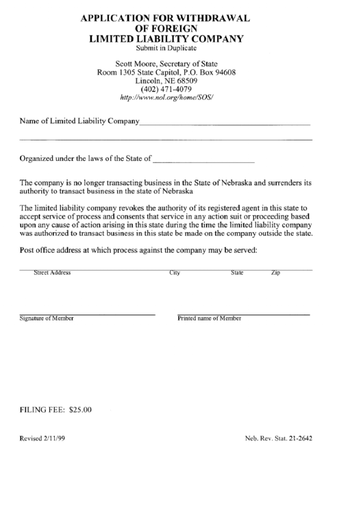 Application For Withdrawal Of Foreign Limited Liability Company - Nebraska Secretary Of State Printable pdf