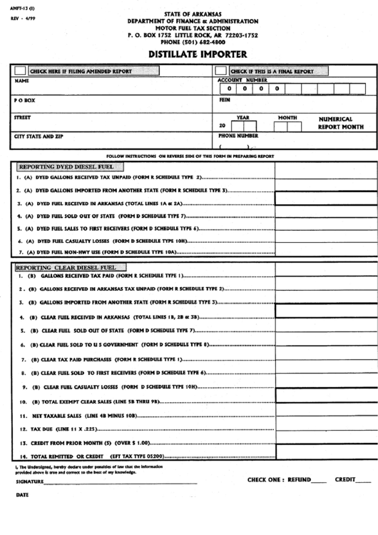 Form Amft-12 (I) - Distilate Importer - State Of Arkansas Printable pdf