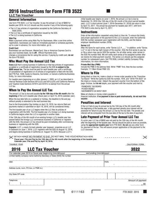 Fillable California Form 3522 - Llc Tax Voucher - 2016 Printable pdf