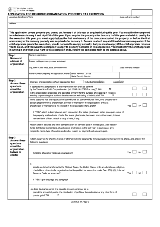 Fillable Form 50-117 - Application For Religious Organization Property Tax Exemption Printable pdf