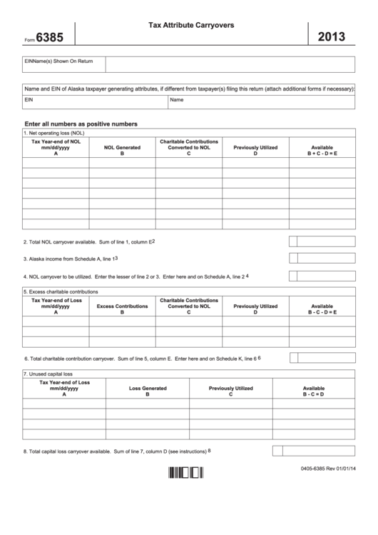 Form 6385 - Tax Attribute Carryovers - Alaska Department Of Revenue, 2013 Printable pdf