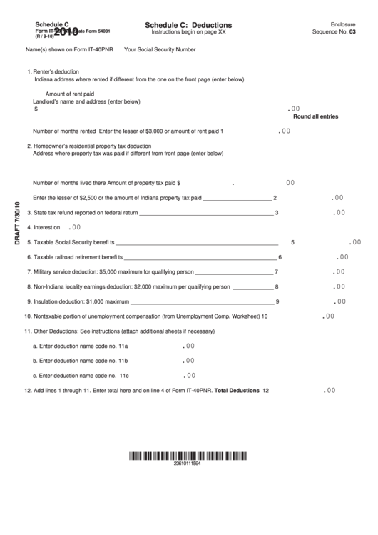 Form It40pnr Schedule C Deductions 2010 printable pdf download