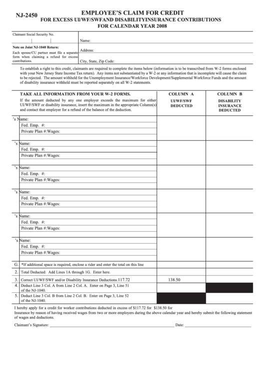 Form Nj-2450 - Employee'S Claim For Credit - 2008 ...
