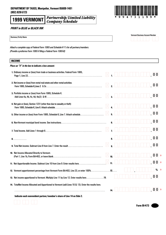 Form Bi-473 - Partnership/limited Liability Company Schedule - 1999 Printable pdf