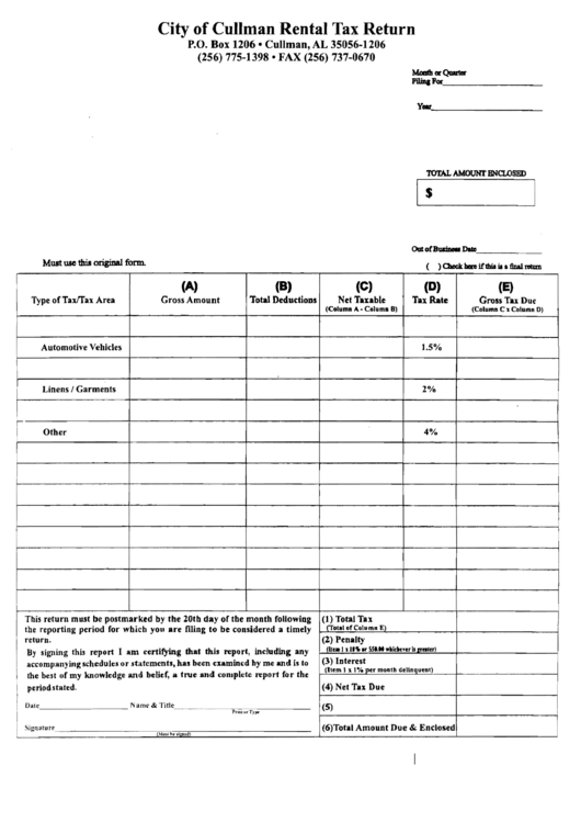 City Of Cullman Rental Tax Return Form Printable pdf