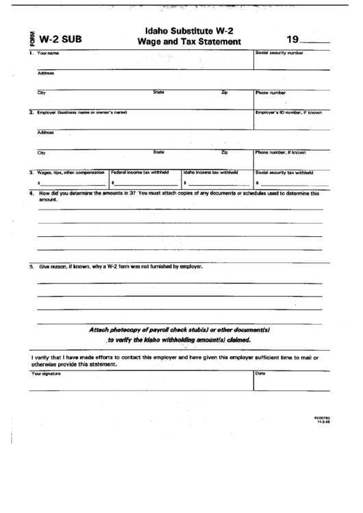 Form W-2 Sub - Idaho Substitute Wage And Tax Statement Printable pdf
