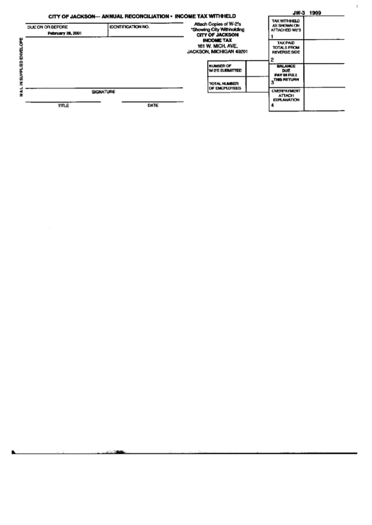 Form Jw-3 - Annuan Reconciliation Income Tax Withheld - Sity Of Jackson - 1999 Printable pdf