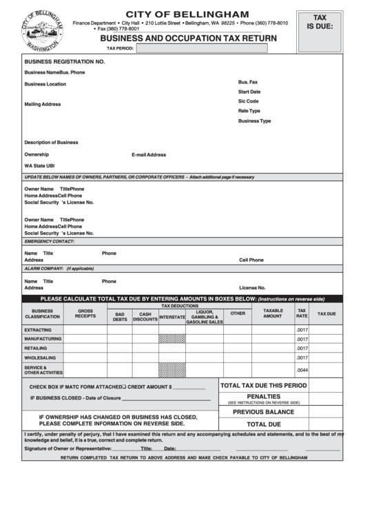 Business And Occupation Tax Return Form - City Of Bellingham Printable pdf