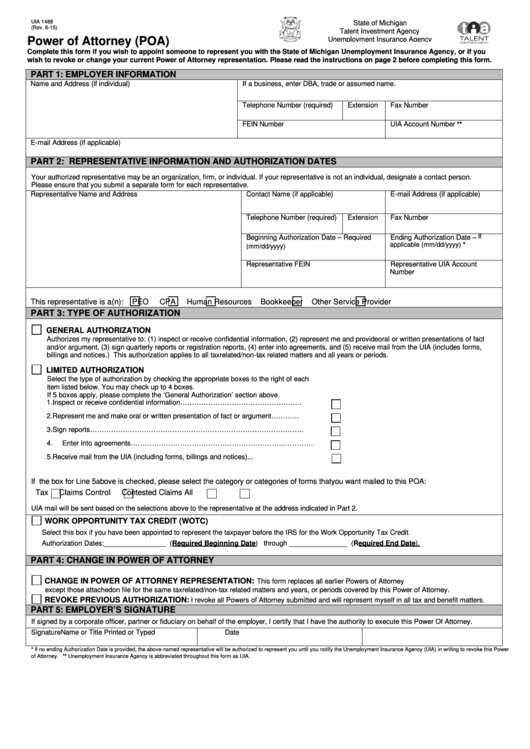 Fillable Form Uia 1488 - Power Of Attorney (Poa) - State Of Michigan Printable pdf