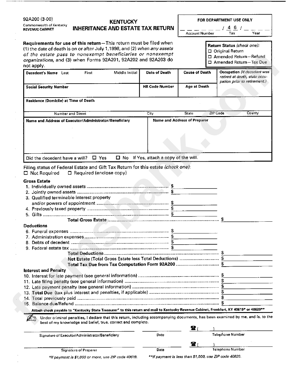 Form 92a200 - Kentucky Inheritance And Estate Tax Return