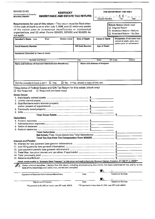 Form 92a200 - Kentucky Inheritance And Estate Tax Return Printable pdf