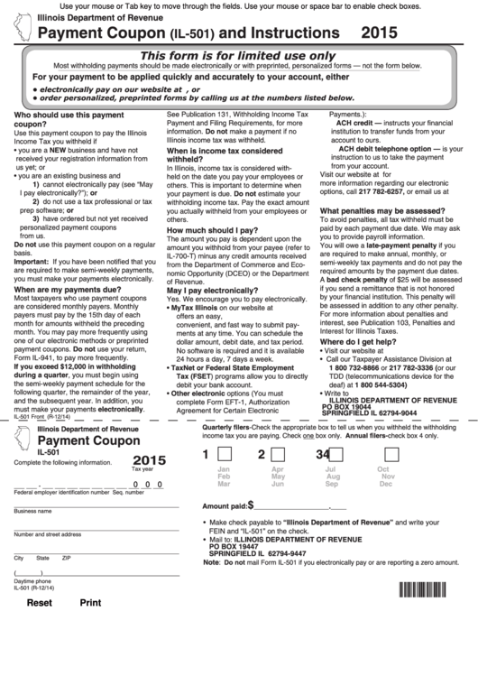Form Il-501 - Payment Coupon And Instructions - 2015 Printable pdf