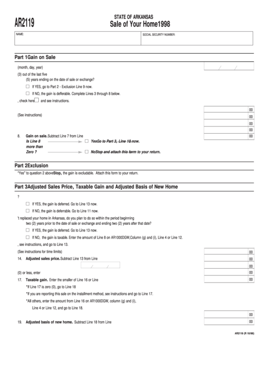 Fillable Form Ar2119 - Sale Of Your Home - State Of Arkansas - 1998 Printable pdf