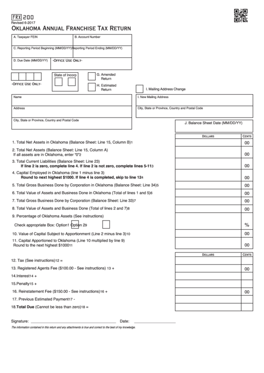 Fillable Form Frx 200 - Oklahoma Annual Franchise Tax Return - 2017 Printable pdf