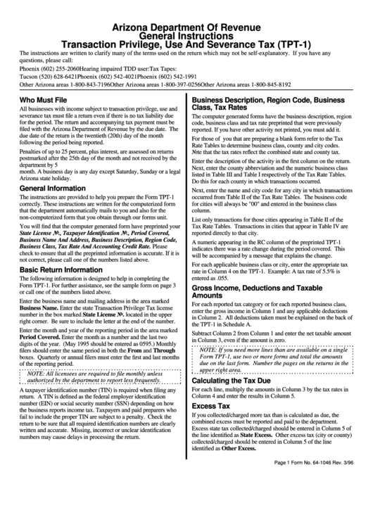 Instructions Fo Form Tpt-1 - Transaction Privilege, Use And Severance Tax Printable pdf