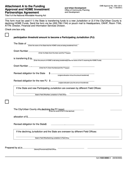Fillable Form Hud-40093-A - Attachment A To The Funding Approval And Home Investment Partnerships Agreement Printable pdf
